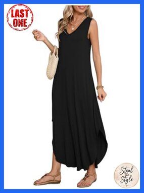 Plus Size Maxi Dress V Neck Sleeveless Sundress Beach Coverup with Pockets